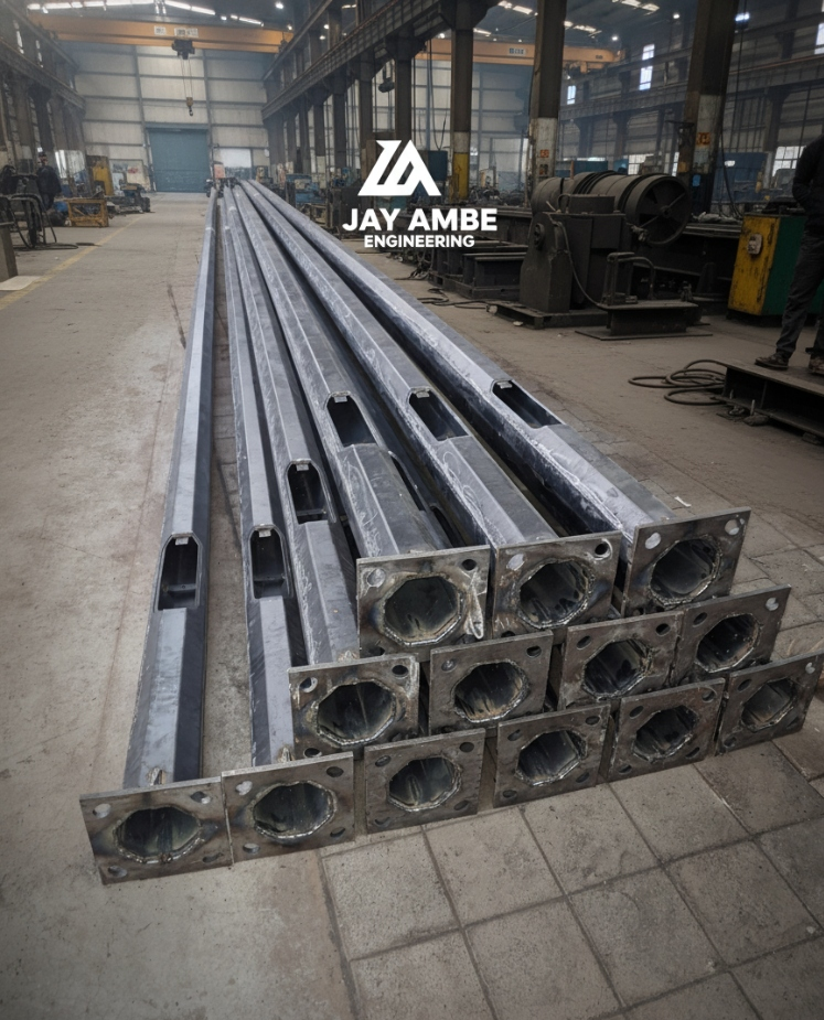 Jay Ambe Engineering Stack of Premium Octagonal Poles on Factory Floor